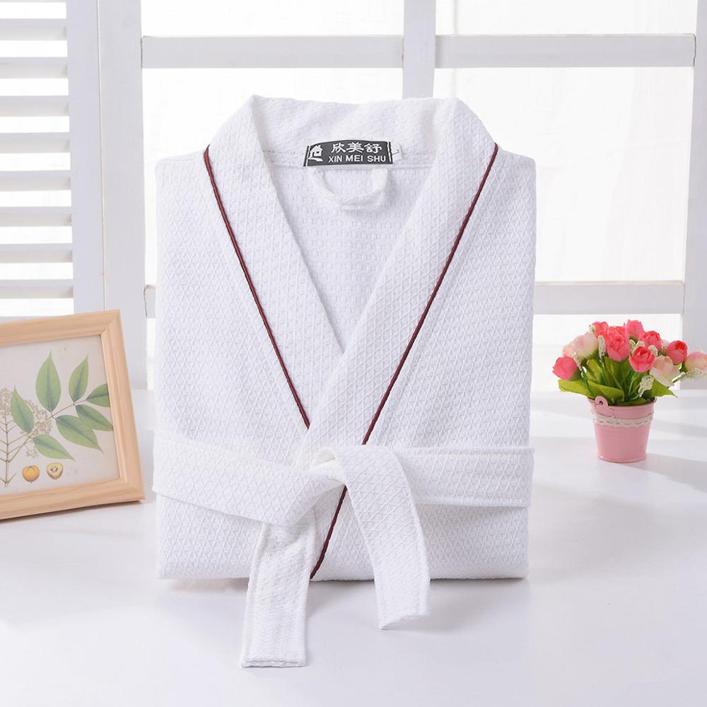 Elskere vaffel badekåpe kimono kappe menn sommer badekåpe suge svette herre morgenkåpe herre lounge robes tynt nattøy: Hvit-rød linje / L