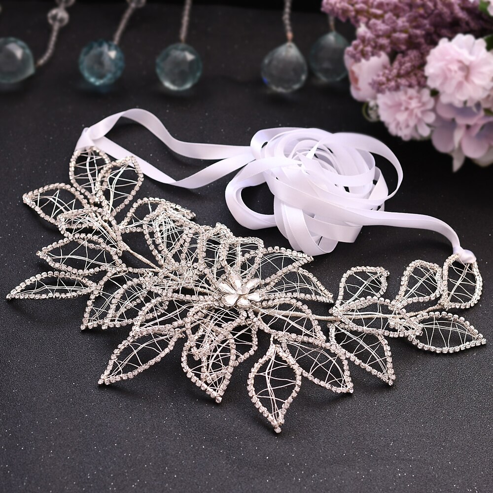 TRiXY SH256-S Silver Diamond Wedding Dress Belt Waist Belt with Rhinestones Luxury Sparkly Belts for Women Dress Satin Sash Belt: white ribbon