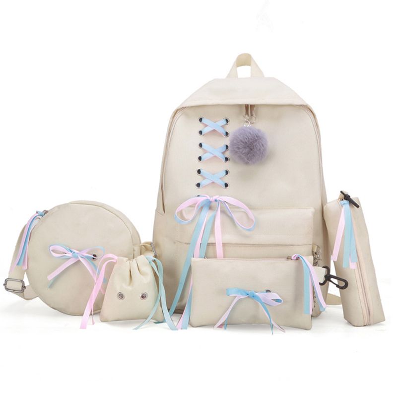 5pcs Canvas Backpack Ribbon Handbag Shoulder Drawstring Bag Pencil Case Set X5XA: beige