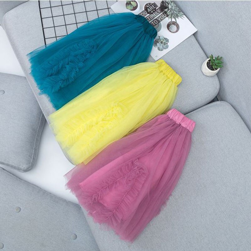 Girls Skirts Summer Gauze Tutu Skirt For Kids 3-12years Teenager Tulle Skirt Rainbow Yellow Long School Clothing
