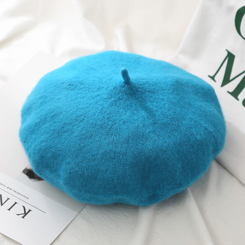 21 Kleuren Lady Herfst Winter Baret Hoed Schilder Hoed Vrouwen Wol Vintage Baretten Effen Kleur Caps Vrouwelijke Motorkap Warme Wandelschoenen cap: Lake Blue