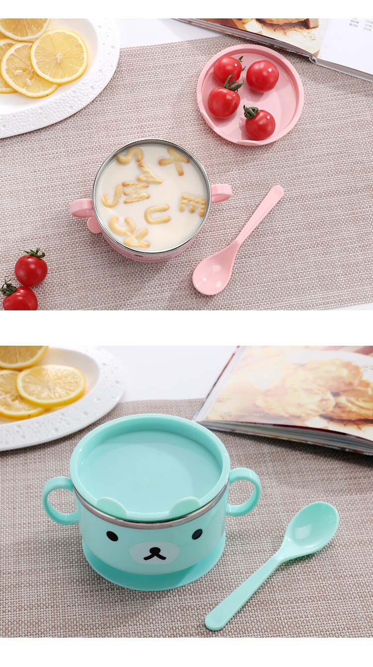 Tigela para bebê, tigela para bebês aprendizagem de desenho animado com capa para o bebê em aço inoxidável ventosa de isolamento tigela de comida suplementar