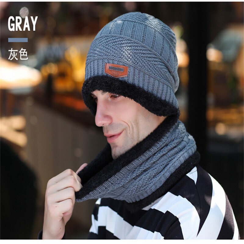 2 stk menn kvinner vinter varm heklet strikk posete lue ull hodeskalle hatt ski lokk skjerf sett: Grå