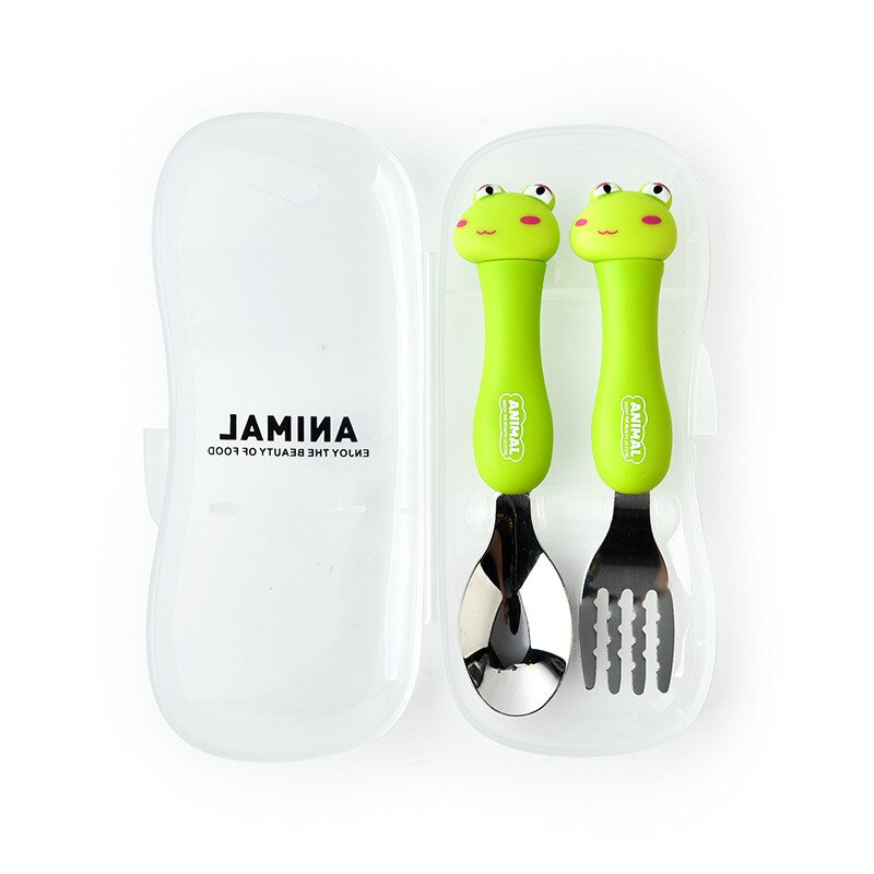 Baby Feeding Material Cartoon Cutlery Suit Student Stainless Steel Tableware Animal Fork Spoon Set Utensils Eating Gadgets: Frog