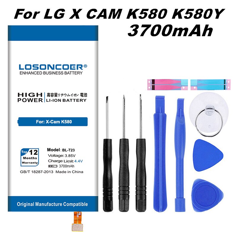 LOSONCOER 3700mAh BL-T23 Battery For LG X Cam X-Cam K580 F690 K580DS K580Y Battery+Quick tools +stickers