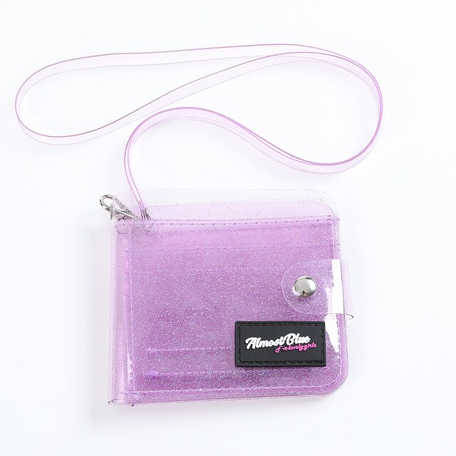 Summer Transparent Clutch Wallets PVC Folding Lanyard Short Wallet Girl Glitter ID Card Holder Business Card Case Purse: purple Almost