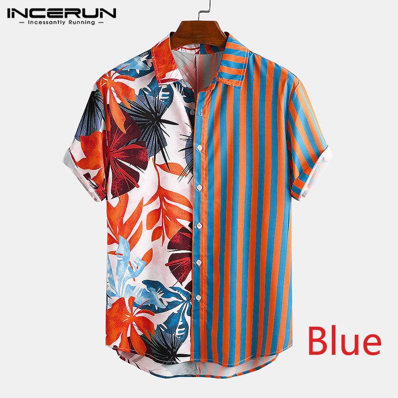 Mænd etnisk printede skjorter kortærmede revers patchwork skjorte afslappet løs blød camisas sommer hawaiian blusas plus str.
