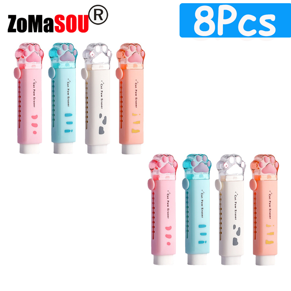 1-8Pcs ! Kawaii Cat Paw Rubber Erasers Retractable Pencil Eraser for Kids Students School Home Office Writing Drawing: Orange