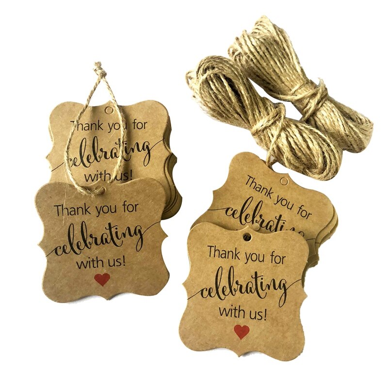 100 stuks bedankt voor het vieren met ons labels kraftpapier wikkellabels met natuurlijk jute touw voor babyshower, kerst, bruiloft: Default Title