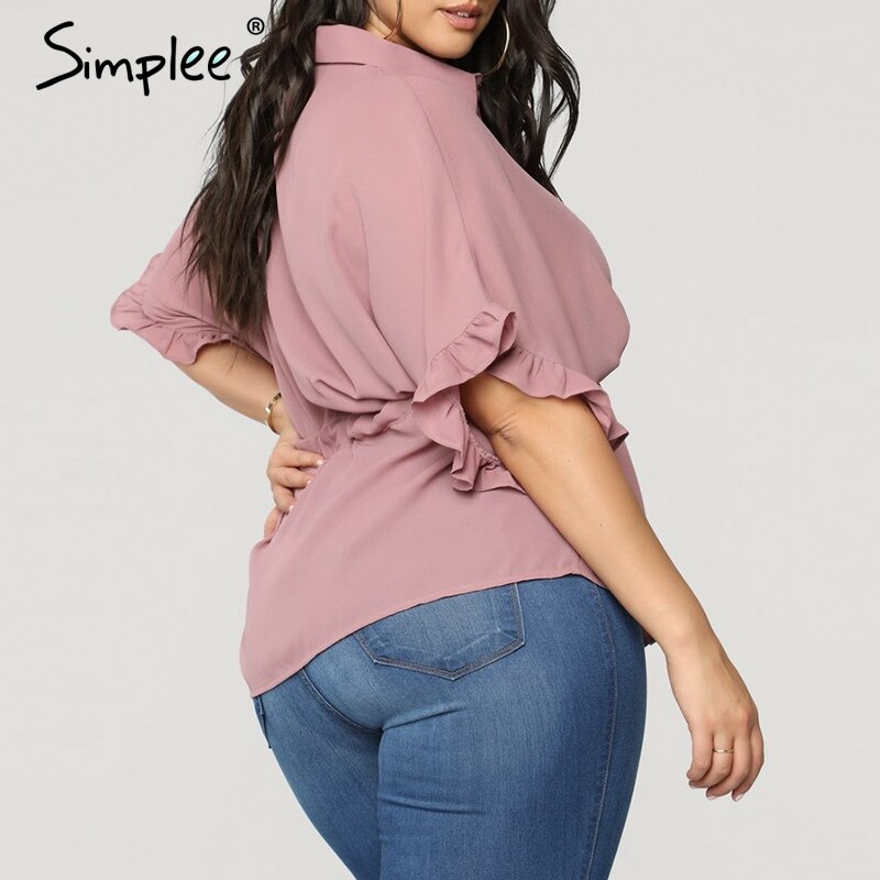 Simplee flæse plus size damebluse løse korte ærmer sashes kvindelige skjorte top afslappet kontor solide toppe og bluser