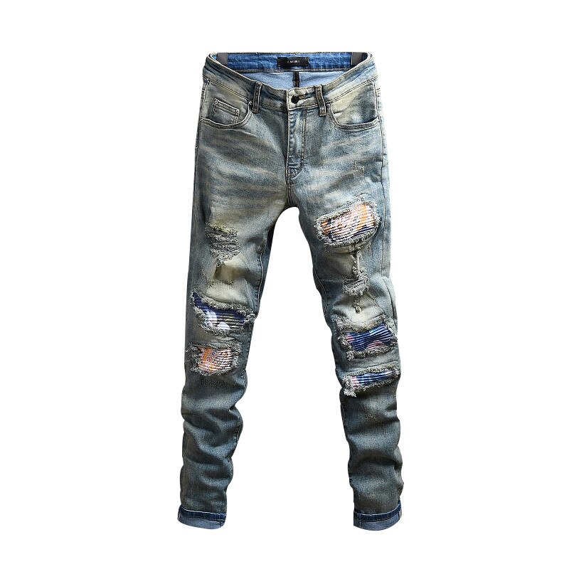High Street Amiri Elastische Slim Fit Kleine Been Jeans Modieuze Mannen Gedragen Zware Schade Patch Beggars' Broek