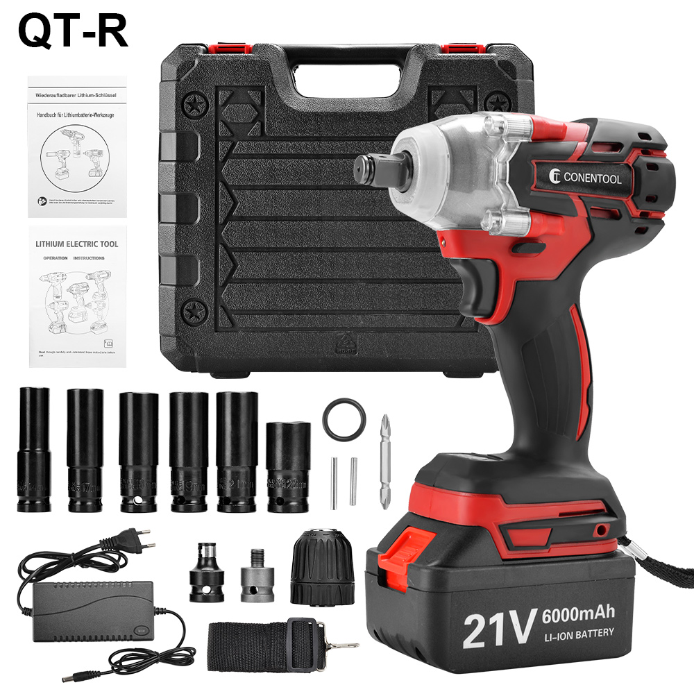 CONENTOOL Brushless Cordless Wrench 21V Power Tool 6000mAh Battery For Makita Rechargeable Battery Impact Wrench LED Light: QT-Red