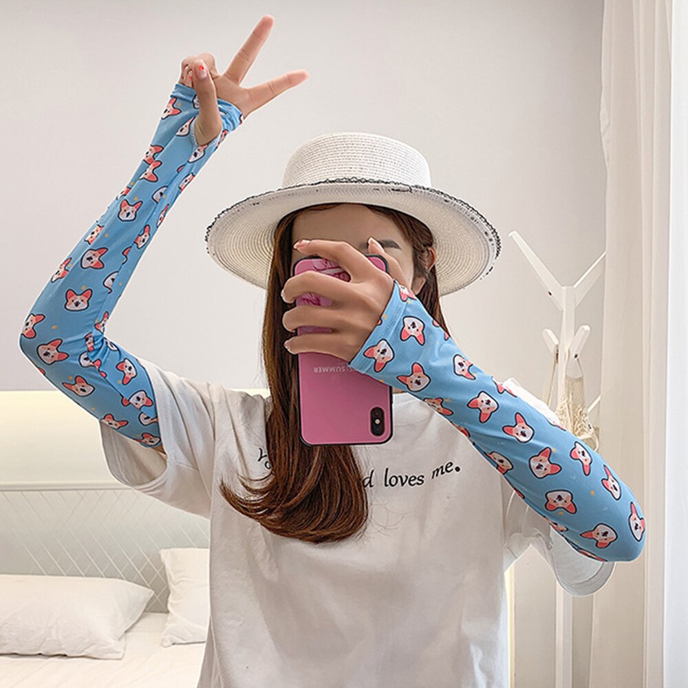 Dames arm mouwen ijs zijde koud fruit bloemen print zonnehandschoenen halve vinger auto armwarmers sport zonnebrandcrème mouw: Ik