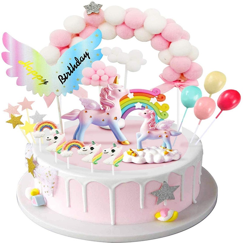 Unicorn tårta topp hatt, födelsedagstårta dekoration , 1 rosa päls bollbåge 1 regnbåge 1 grattis på födelsedagen banderoll 2 moln 4 ballonger 10 st
