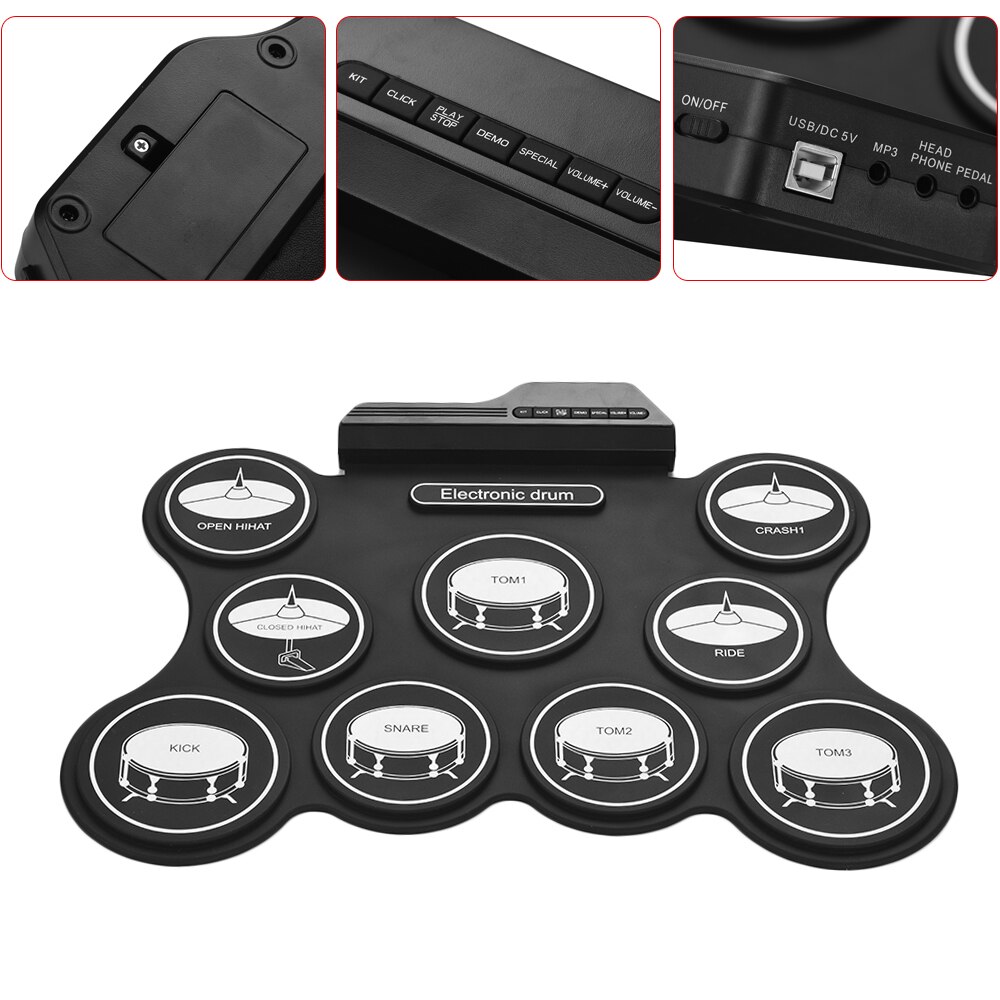 Portable Electronic Drum USB Digital Roll Up Drum Kit Set 9 Silicon Drum Pads with Drumsticks Foot Pedals for Beginners Children