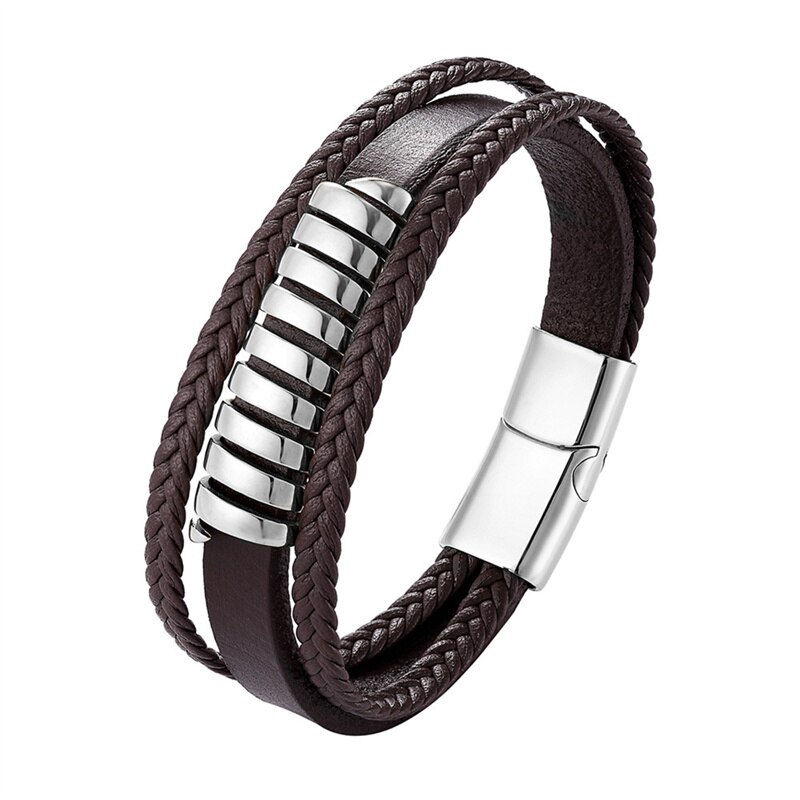 Lederen Armband Mannen Punk Stijl Rvs Magneet Knop Mutil-Layer Leren Armband Voor Mannen Sieraden: 3