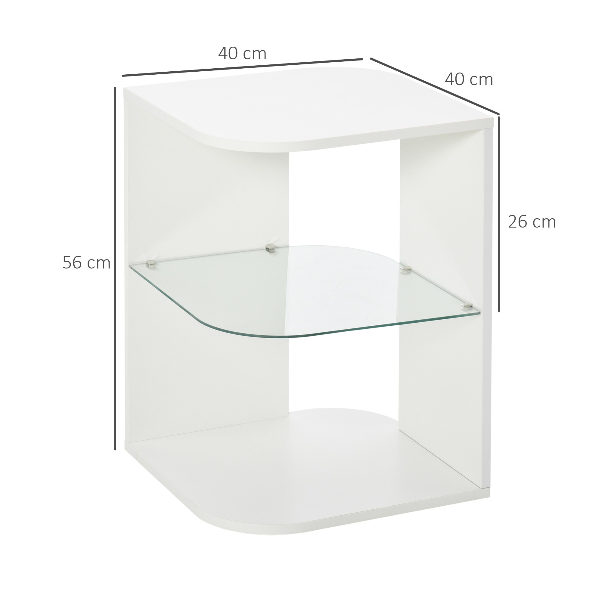 HOMCOM Mesita Auxiliar Moderna Mesilla de Noche con 3 Estantes Tablero de Cristal Mesita de Café Salón Dormitorio 40x40x56 cm