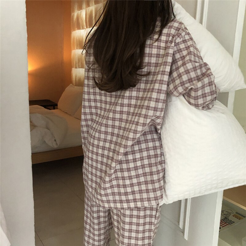 autumn winter vintage pajamas set women long sleeve sleepwear cotton home clothes plaid pants pyjamas lace up lapel collar Y078