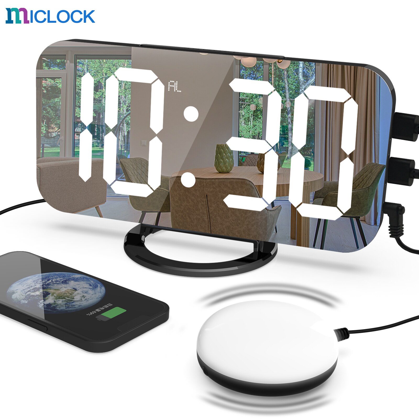 MICLOCK 2022 Digital Vibration Reminder Alarm Clock Large LED Mirror Night Light Electronic Clocks with Snooze USB Charge