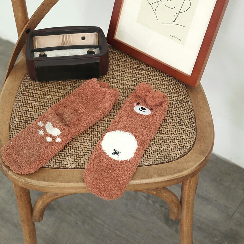 Winter Soft Brushed Thick Cute Cartoon Animal Bear Ears Warm Ladies Floor Sock Coral Half Velvet Women's Socks