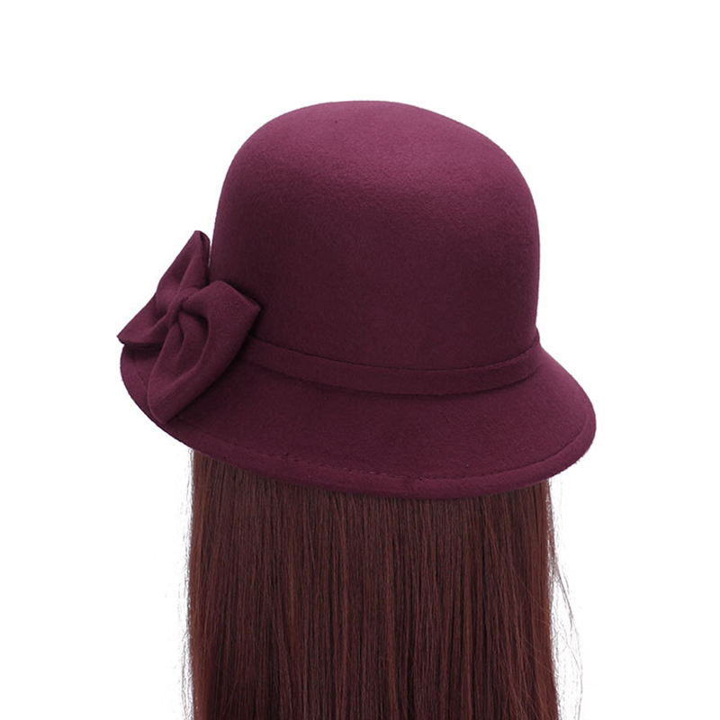 Herbst Winter Frauen Hütte Solide Wolle Filz Kuppel Fedoras Hüte Jahrgang Bogen Eimer Hütte Damen Kappe chapeau femme шляпа