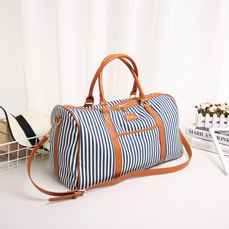 Canvas+PU Leather Women Travel Bag Striped Duffel Tote Large Weekend Bag Female Packing Cubes Suitcase Shoulder Bags: Blue