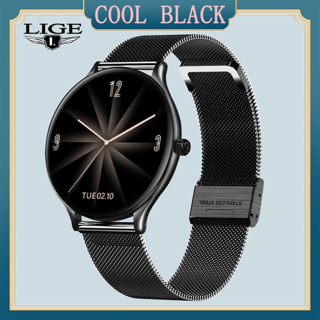 LIGE Full Circle Touch Screen Luxury Smart Watch Women Smart Wristband Fitness Bracelet Men Heart Rate Waterproof Smartwatch: Mesh belt black