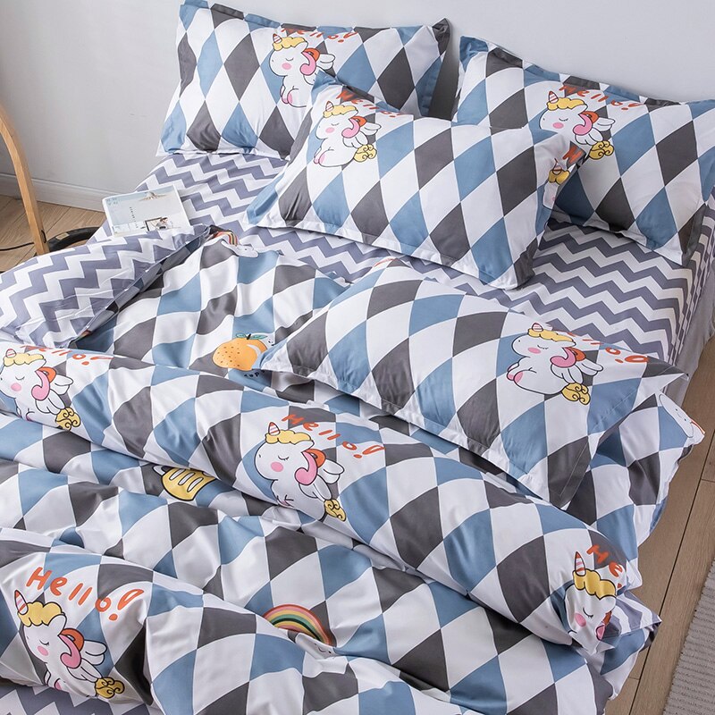 Grid Bedding Set, Duvet Cover Pillowcase 3pcs 220x240,135x200 Child Quilt Cover,Unicorn Pattern Double Queen King Size Bed Sets