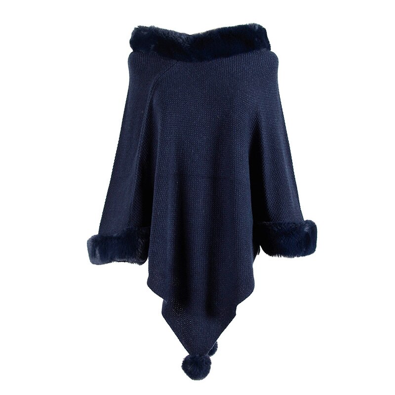 Quevoon dame poncho kunstig pelskrage damekappe lange strikkegensere falle shaggy kawaii genser streetwear: Marineblå