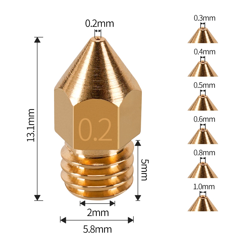 MK7 MK8 Nozzle 0.4mm 0.3mm 0.2mm 0.5mm Copper 3D Printer Parts Extruder Threaded 1.75mm 3.0mm Filament Head Brass Nozzles