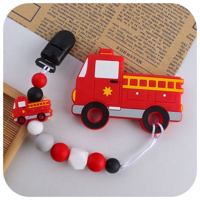 2 Pièces Bébé Sucette Chaîne Dessin Animé Camion De Pompier Ensemble de Dentition Tétine Factice Clip De Fixation En Silicone Pour Bébé De Dentition Sucette Molaire