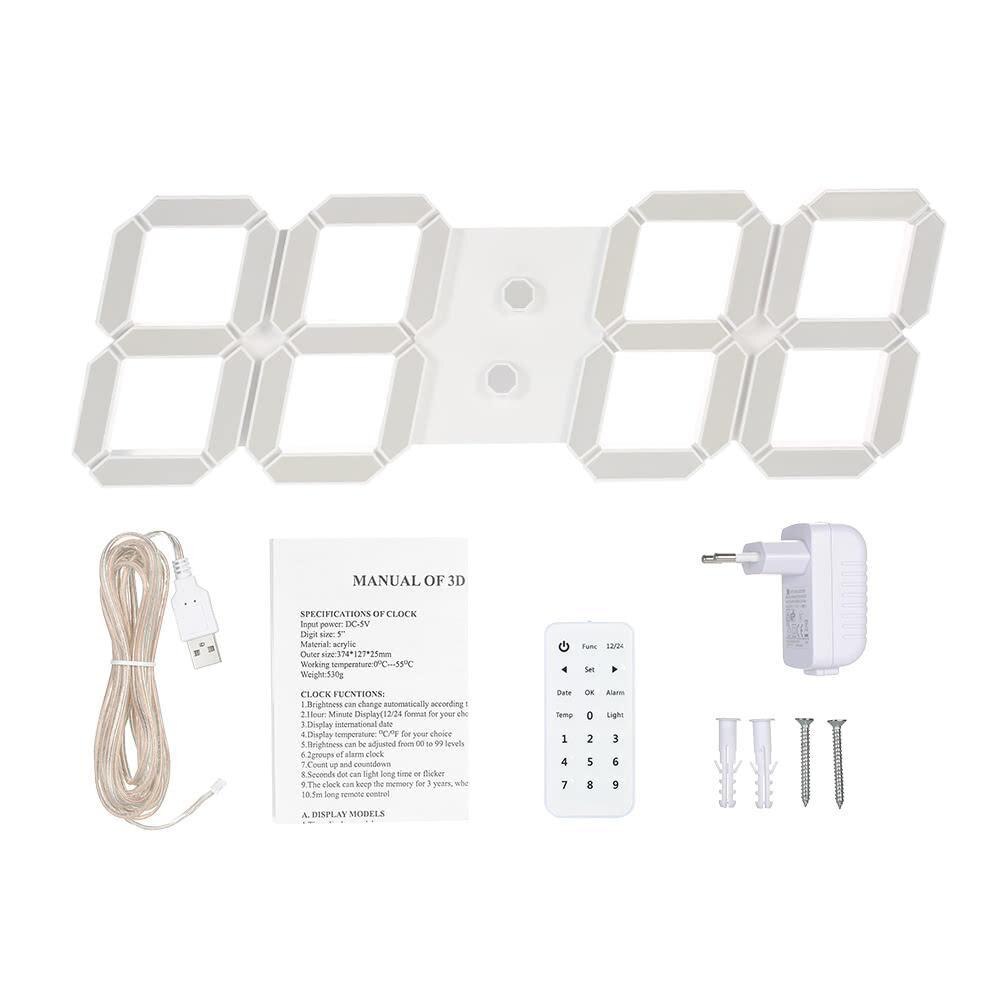 LanLan 3D White Digital Wall Clock with Remote Control European Regulation