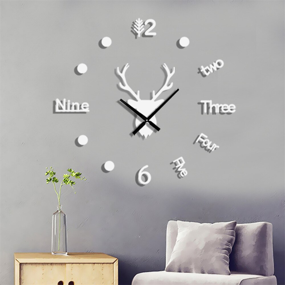 3D Acrylic Digital Deer Wall Clock Roman Numerals Large Round Wall Clock DIY Self Adhesive Living Room Clocks Stickers: Mirror White / M