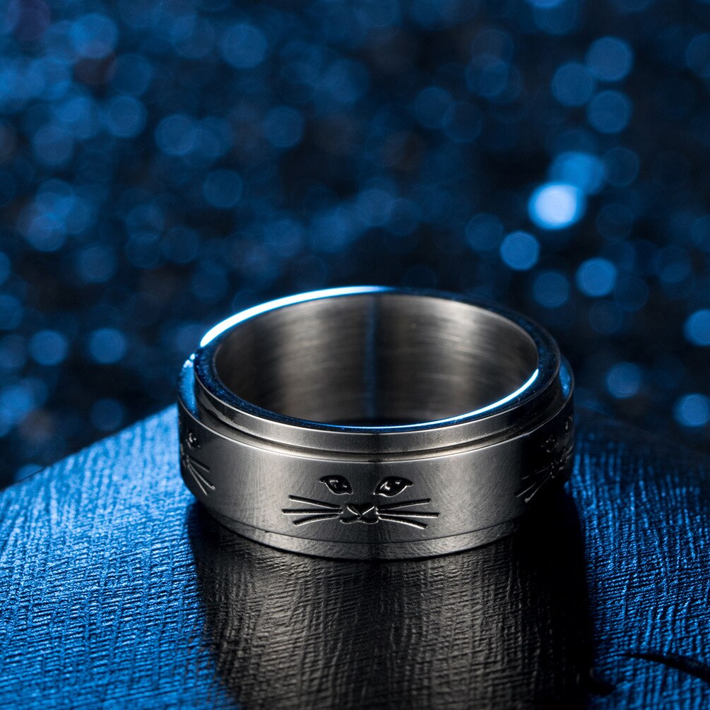 Cat Ring for Women and Men Stainless Steel Spinner Rotatable Animal Love 8MM Rings Trendy Charm Jewelry US Size 6-11
