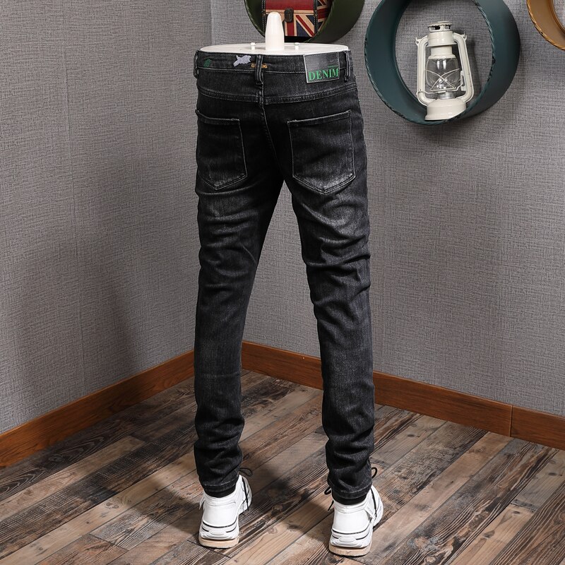 Estilo coreano moda masculina jeans de alta qualidade elástico fino ajuste rasgado denim lápis calças streetwear hip hop casual calças compridas