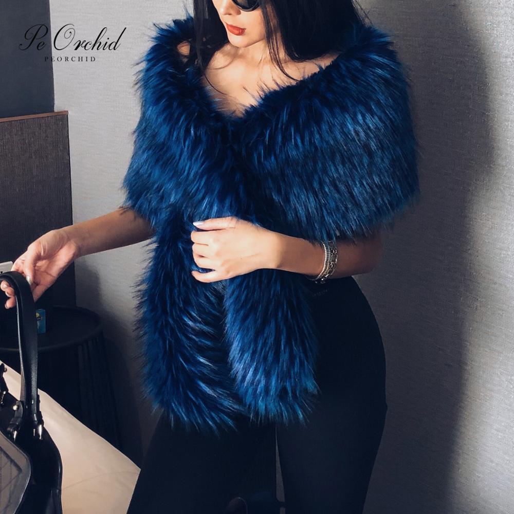 PEORCHID Blue Faux Fur Wedding Shrug Bolero Bridal Shawls And Wraps Stola Elegante Donna Red Women Party Winter Wedding Cape