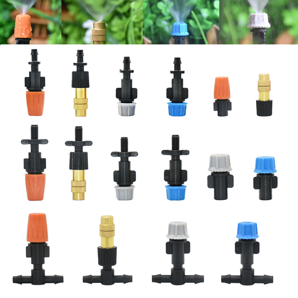 Micro Drip Irrigation Misting Nozzle Adjustable Spray Cooling Sprinkler 1/4 Tee Barb Connector For Garden Greenhouse
