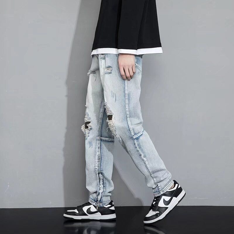 Pantalones vaqueros holgados rasgados para hombre, Jeans rectos informales a la , ropa de calle, pantalones vaqueros holgados de Hip Hop con agujeros
