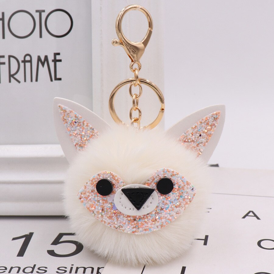 Automne et hiver Style Jade visage renard sac porte-clés modèle Pom-pom porte-clés porte-clés femmes sac pendentif: 2 Beige White  Gold Tone Chain Buckle