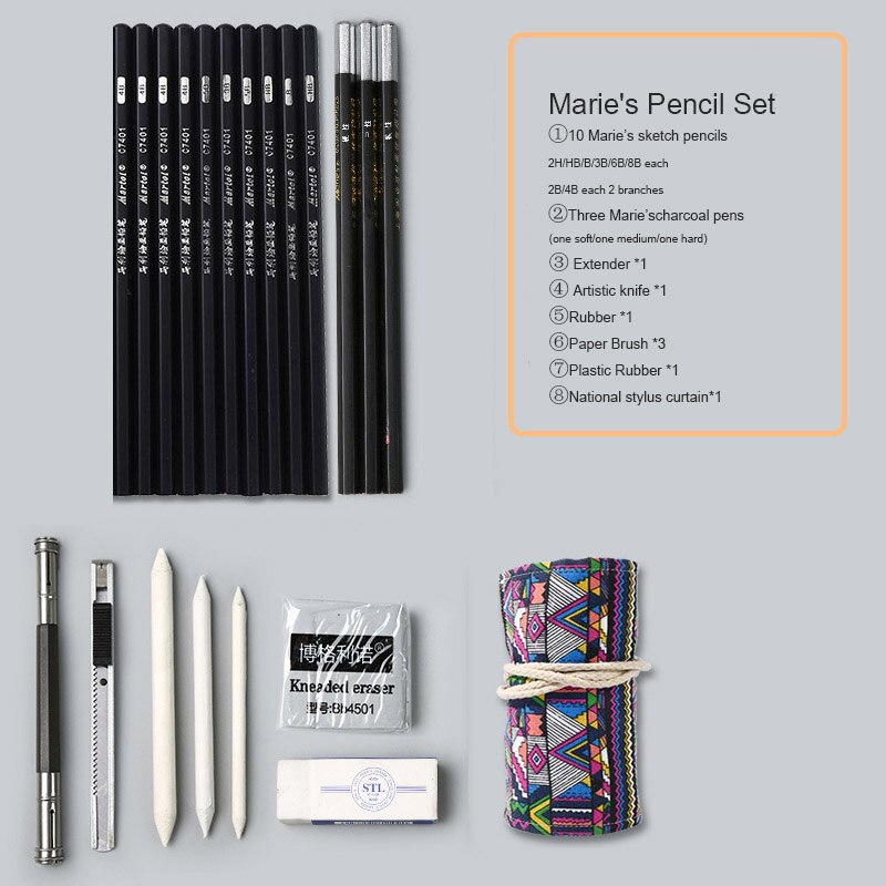 Ensemble de crayons à croquis de Marie débutant 2b4b outils de peinture pour adultes stylo à croquis stylo enfants sac à dessin fournitures d'art: ethnic wind curtain