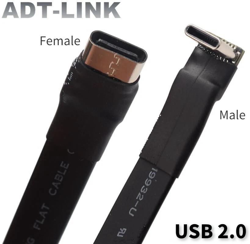 ADT 3A USB 2,0 tipo C Cable plano de cinta 90 USB 2,0 tipo C en ángulo Cable de datos de carga macho a hembra extensor USB FPC para PC TV