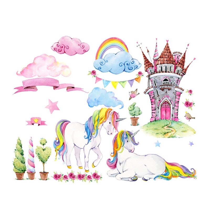Cartoon Rainbow Unicorn Wall Stickers For Kids Room Girls Bedroom Window Nursery Decor Kindergarten Scene Layout Stickers