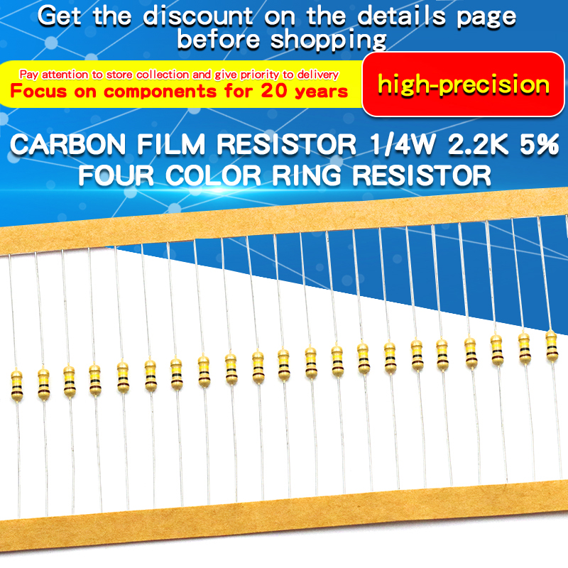 100 Uds 1/4W resistencia de película de carbono 100Ω ~ 220KΩ 5% resistencia 100 120 300 330 1K 1,5K 2,2K 3,3K 10K 20K 100K 150K 220K Ohm