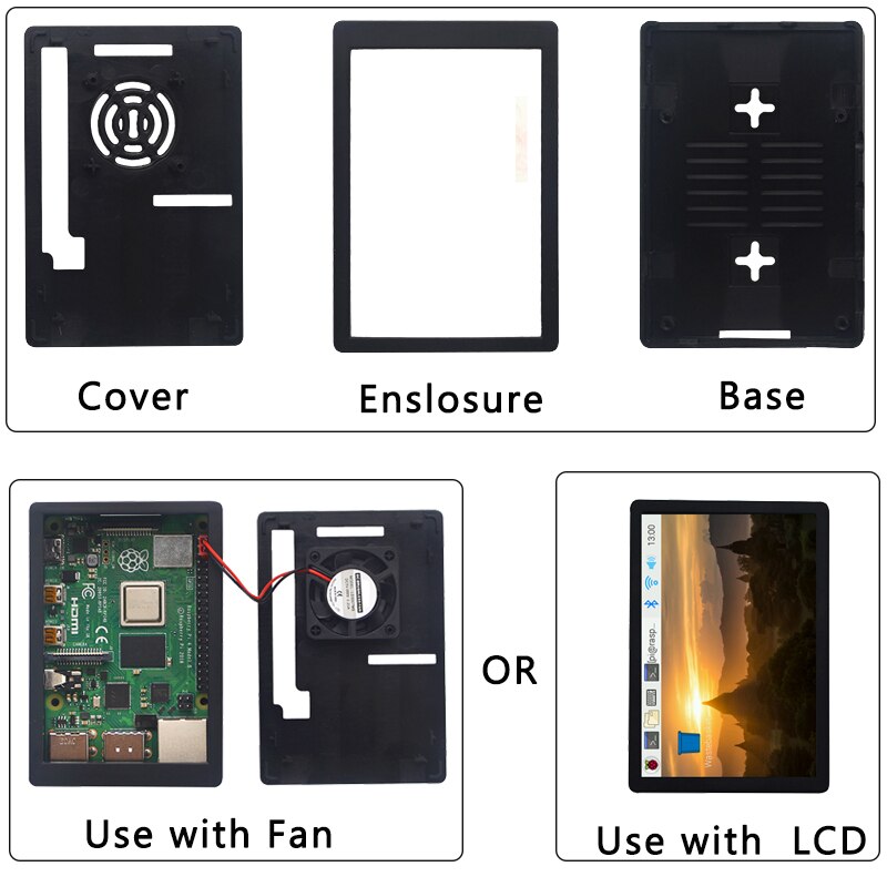 Raspberry Pi 4-Carcasa de ABS, soporte de caja negra, ventilador de refrigeración y pantalla táctil de 3,5 pulgadas