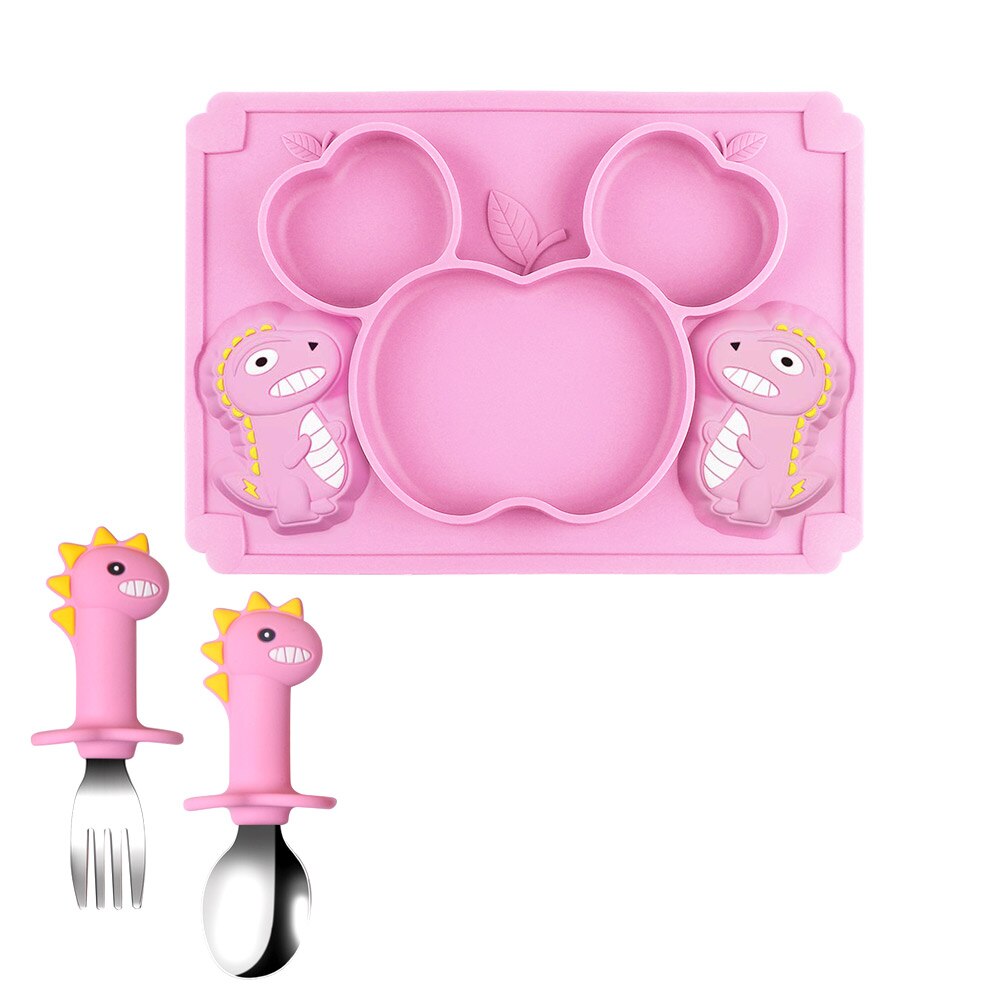 Silicone Baby Zuignap Plaat Slabbetjes Voeden Set Servies Bestek Kinderen Rvs Lepel En Vork Doseren Gerechten Din: Pink 3pcs B