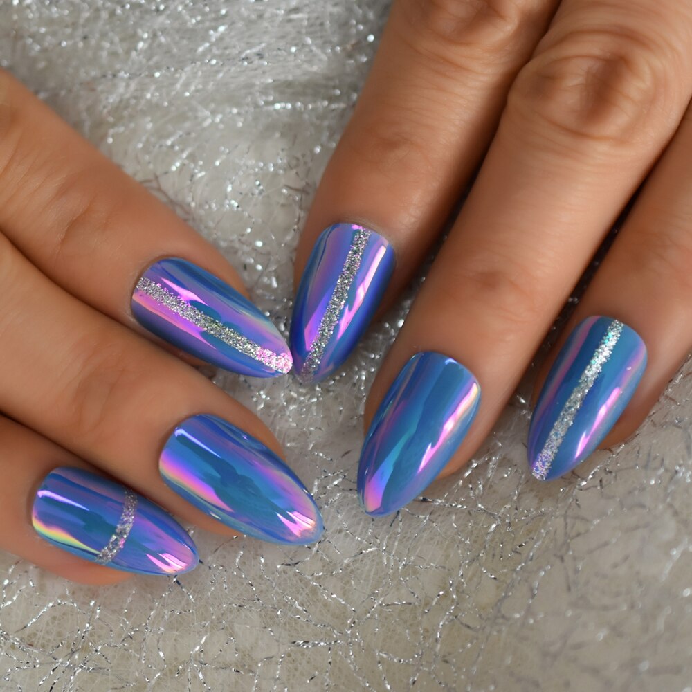 Kameleon spiegel blauwe stiletto nepnagels zilveren glitterlijn amlond scherpe kunstmatige nepnagels tips kantoor thuis nep ongle