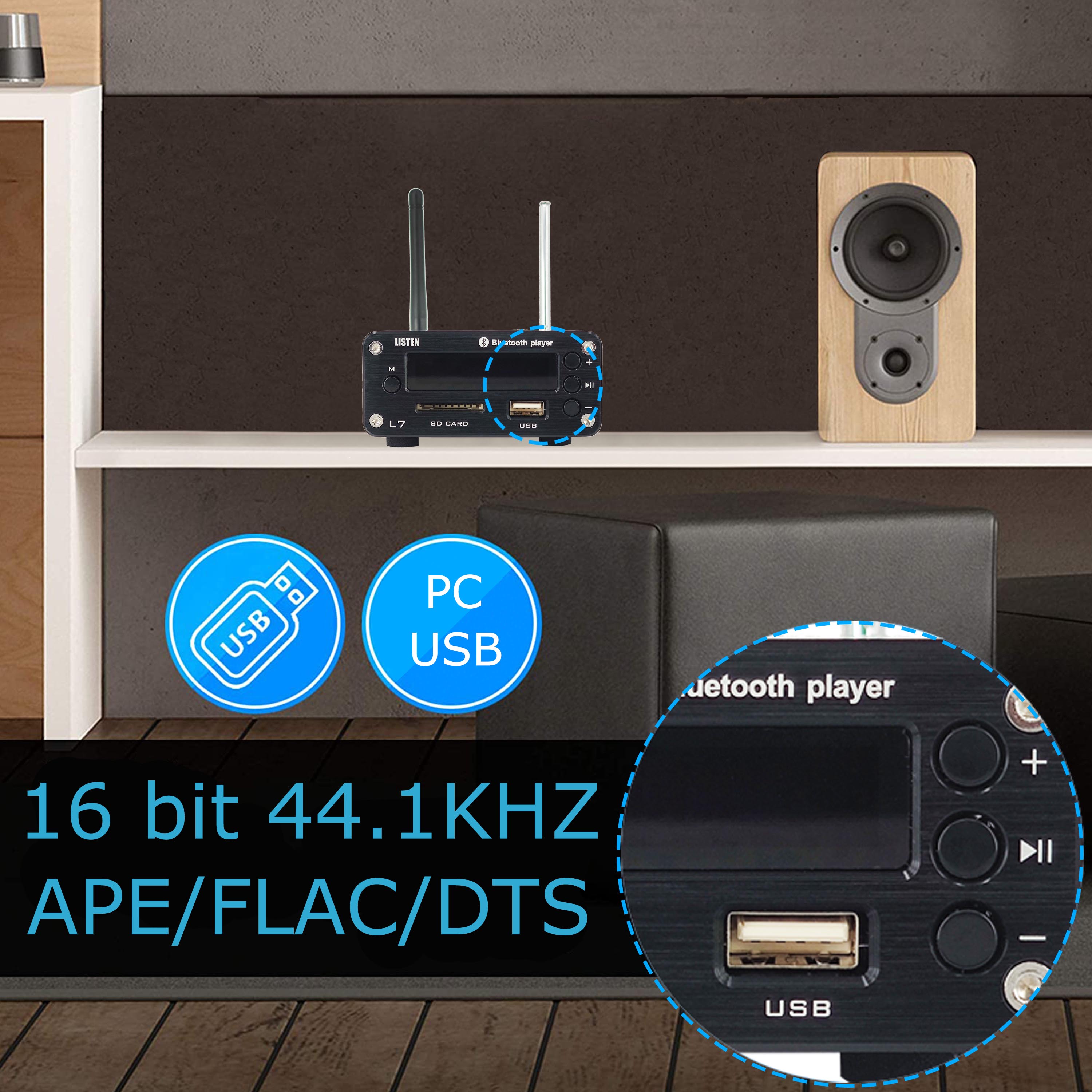 Receptor L7 HiFi Bluetooth 5,0, preamplificador de Audio estéreo DAC, reproductor de música USB, Radio FM, amplificador de auriculares, compatible con disco duro SD en U