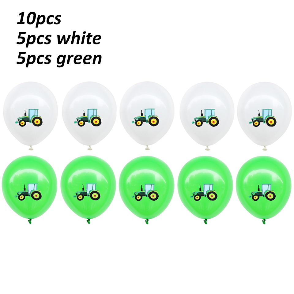 1 Set Of Farm Green Theme Engineering Car Happy Birthday Banner Tractor Party Decoration Truck Excavator Balloon Cake Topper: green white mixed