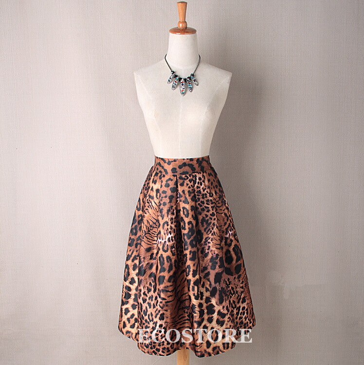 S-XL Oversize Vintage estampado de tigre faldas para mujer nueva Midi Puff cremallera cintura elástica una línea falda de leopardo