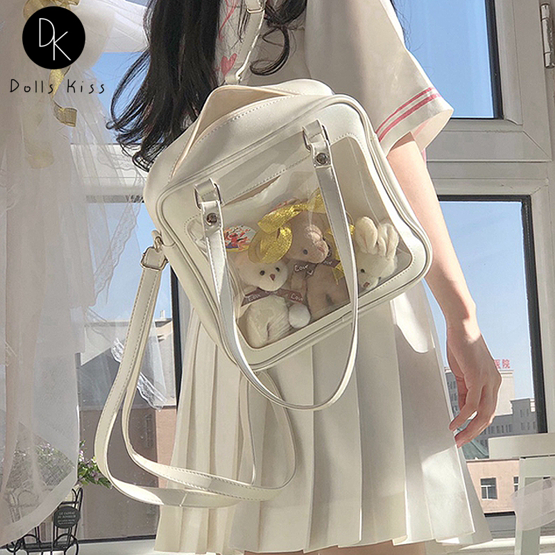 Japanses mochila feminina quadrada itabag, bolsa de couro pu de 3 saídas, mochila escolar feminina kawaii, saco transparente para ita de compras